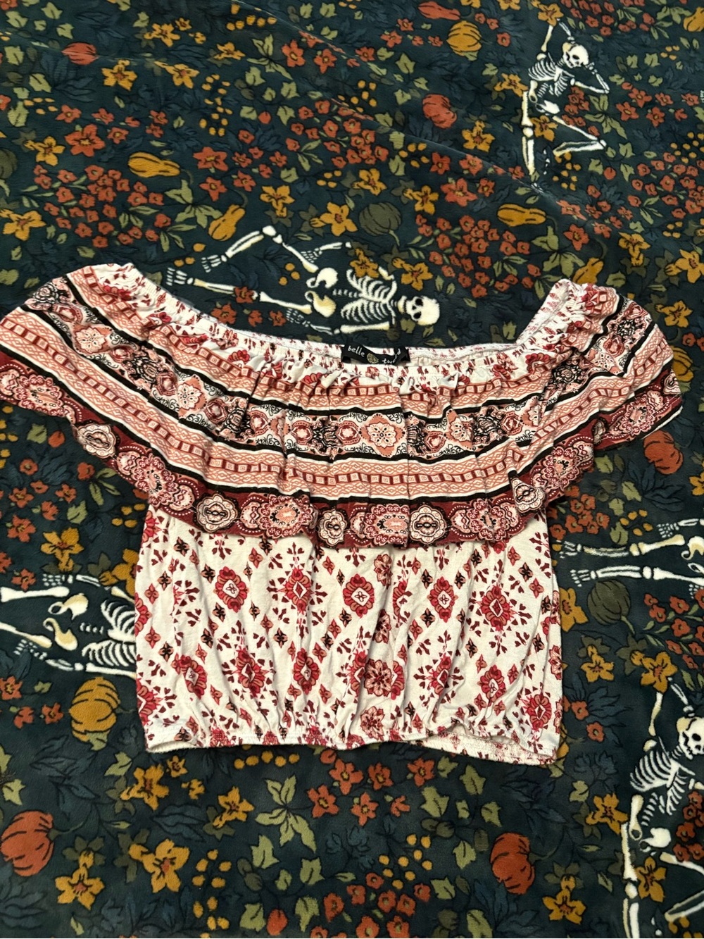 Elle Red & White Bohemian Off-Shoulder Crop Top